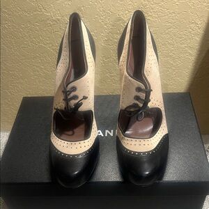 Tabitha Simmons Pink and Black Perforated Lace-Up Wedge Heels